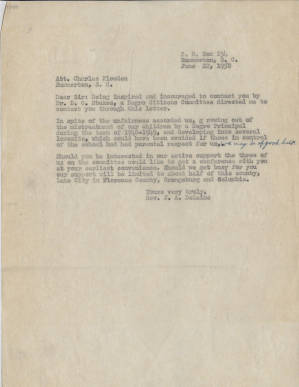 Letter, 1950 June 22, (Summerton, S.C.), Joseph A. DeLaine, Sr., to Att. Charles Plowden, (Summerton, S.C)