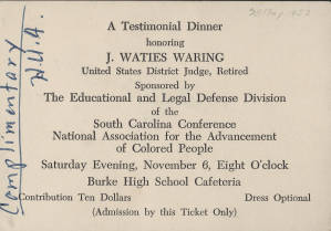 Ticket, 1952 May 28, Testimonial Dinner honoring J.Waties Waring