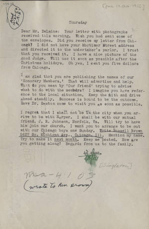 Letter, 1956 Oct. 12, Philadelphia, P.A., George A. Singleton, to Joseph A. DeLaine, Sr., (Buffalo, N.Y.)
