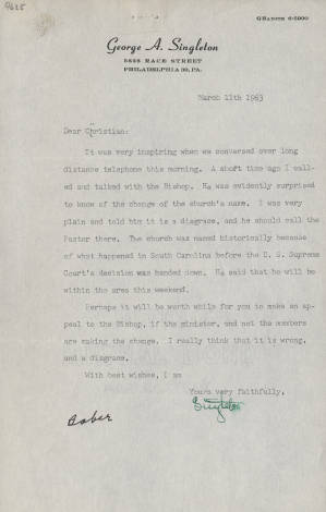 Letter, 1963 Mar. 11, (Philadelphia, P.A.), George A. Singleton, to Dear Christian