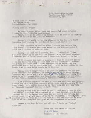 Letter, 1971 Nov. 2, (Charlotte, N.C.), Joseph A. DeLaine, Sr., to John Douglas Bright, (Philadelphia, P.A.)