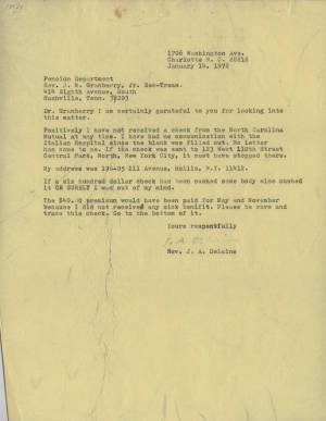 Letter, 1972 Jan. 14, (Charlotte, N.C.), Joseph A. DeLaine, Sr., to J.M. Granberry, Jr., (Nashville, T.N.)
