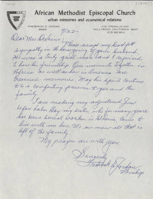 Letter, 1974 Sept. 22, (Hollywood, C.A.), Frederick D. Jordan, to Mrs. [Mattie] DeLaine, [Charlotte, N.C.]