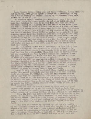 Speech, n.d., A Brief History of Events Leading Up to Destress [sic], Joseph A. DeLaine, Sr., to Grand Master Prince Riley, all Grand Officers, Local Officers, and Brethren