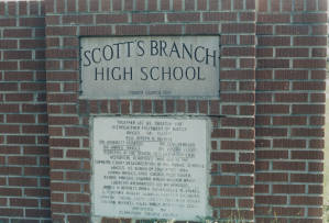 Photograph, [1990s], (Summerton, S.C.), of Scott's Branch High School marker
