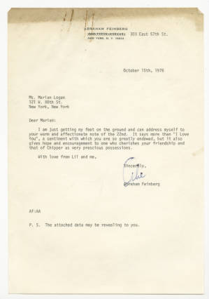 Letter, 1976, Abraham Feinberg to Marian Bruce Logan