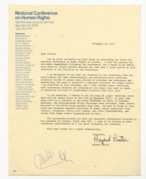 Letter, 1977, Bayard Rustin to Marian Bruce Logan