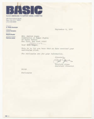Letter, 1977, Patricia Jones to Marian Bruce Logan