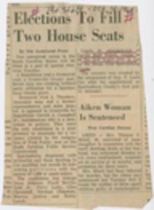 Newspaper clipping from The State, Elections To Fill Two House Seats by the Associated Press, October 14, 1969