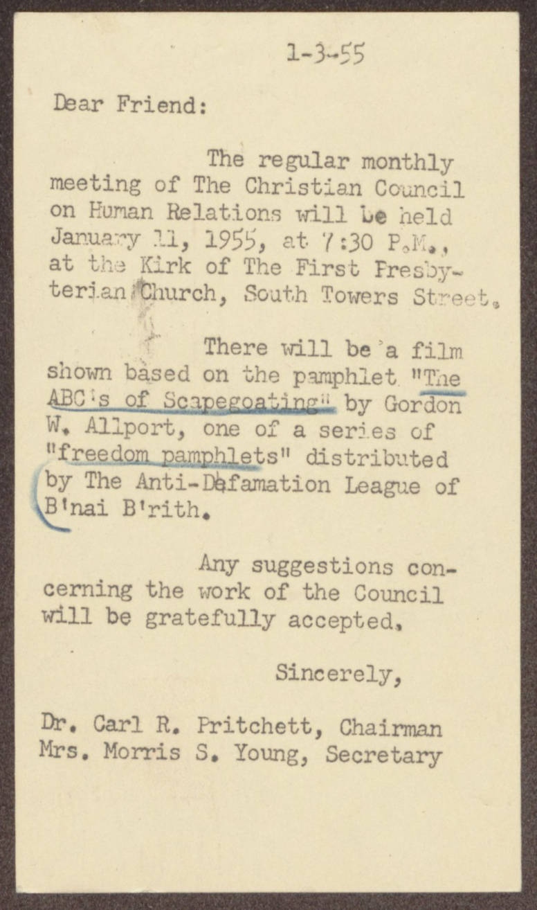 South Carolina Council on Human Relations, Box 1, Folder 27, Administrative, General, 3 January 1955 - 13 January 1955