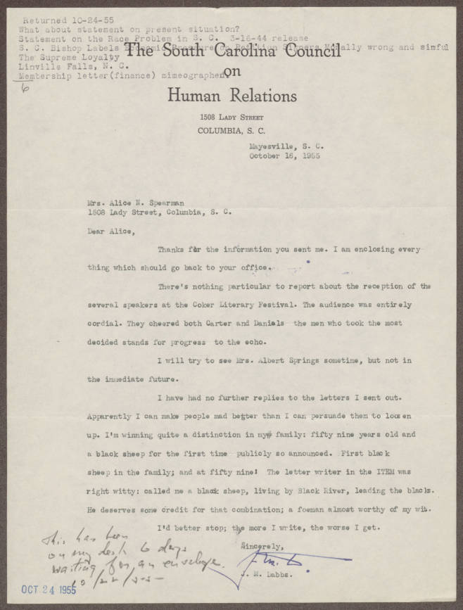 South Carolina Council on Human Relations, Box 1, Folder 46, Administrative, General, 16 October 1955-31 October 1955, circa October 1955