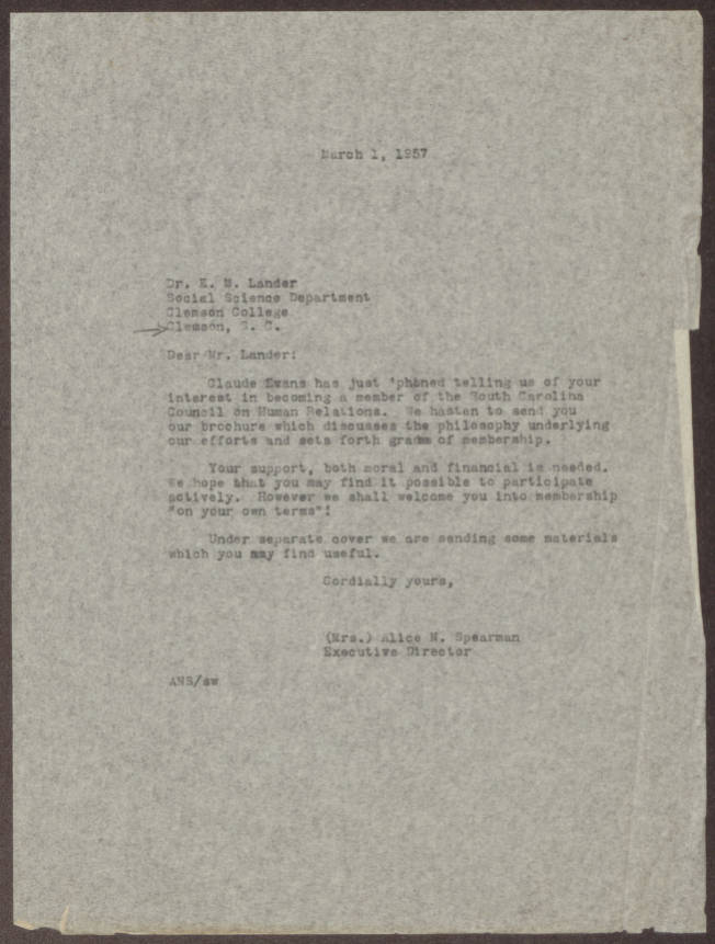 South Carolina Council on Human Relations, Box 2, Folder 74, Administrative, General, Circa 1956