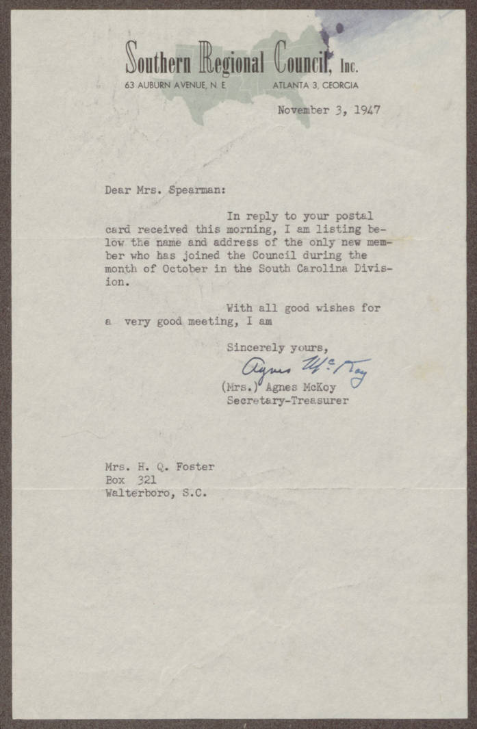 South Carolina Council on Human Relations, Box 1, Folder 8, Administrative, General, 3 November 1947-27 October 1947