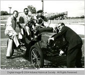 Jack Benny, Eddie Anderson, Phil Harris and Wilbur Shaw at the Indianapolis Motor Speedway